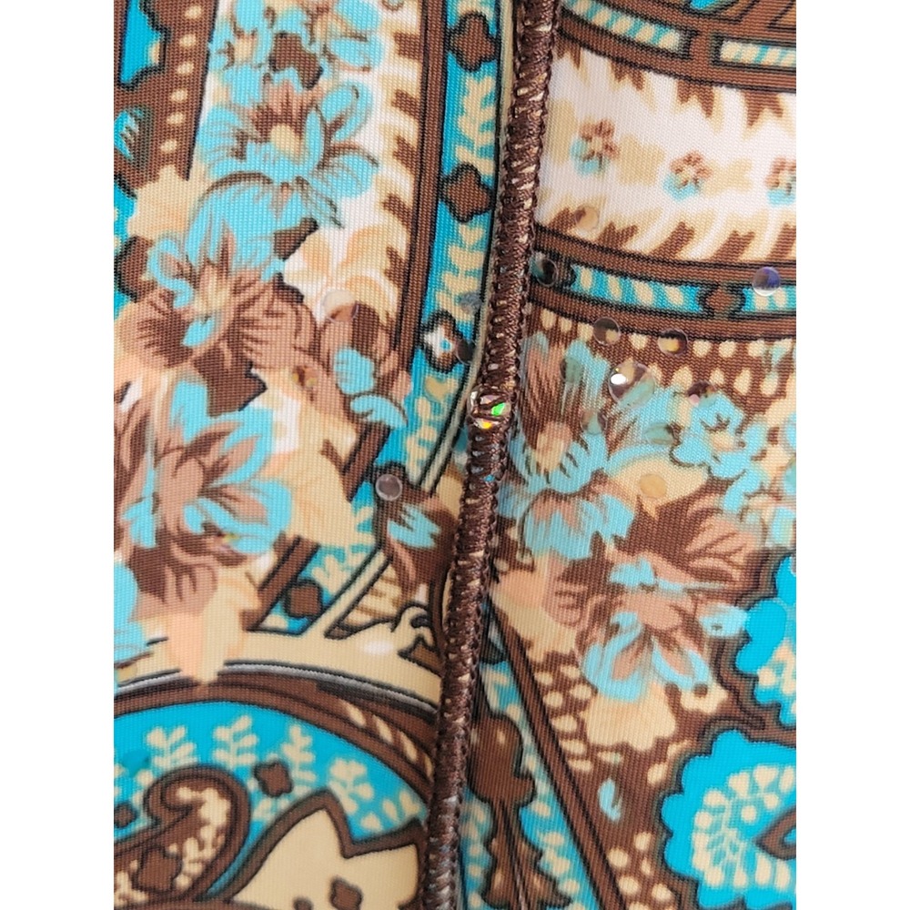 Susan Lawrence Peplum Top Paisley Sequin Faux Wrap Bohemian Career Blue Brown M - Picture 7 of 10
